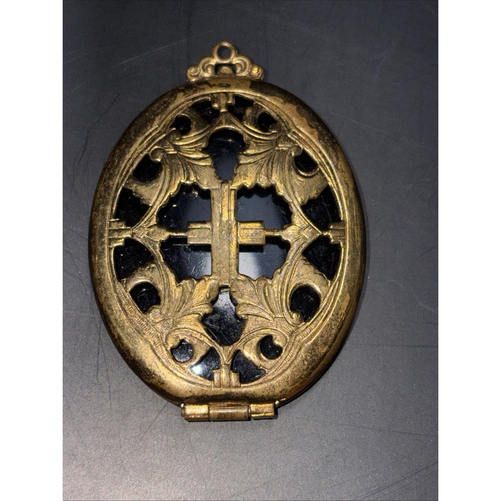 Victorian Antique Mourning Locket Gold Filled Etched Cross Pendant